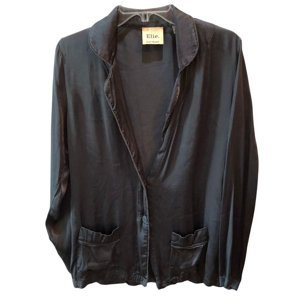Elie Tahari Womens Large Gray 2 Button Pockets Satin Finish Blazer Jacket Size L